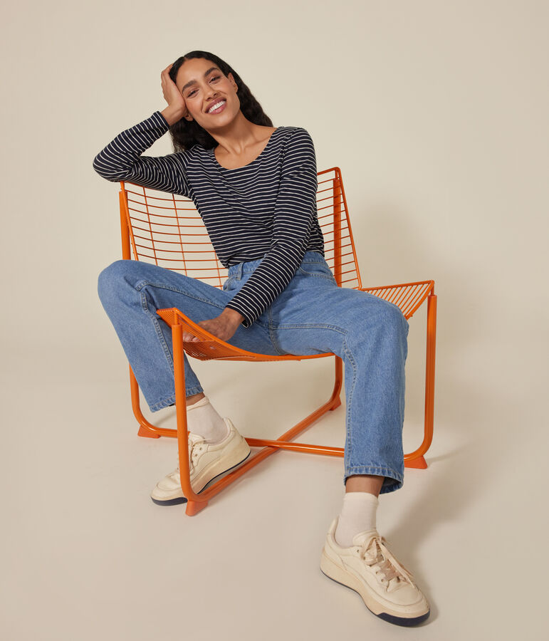 Camiseta Recta de manga larga de punto flameado con cuello de bailarina para mujer azul/beige