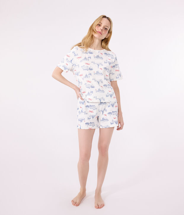 Pijama corto de algod&oacute;n con estampado de Par&iacute;s para mujer blanco/multicolor