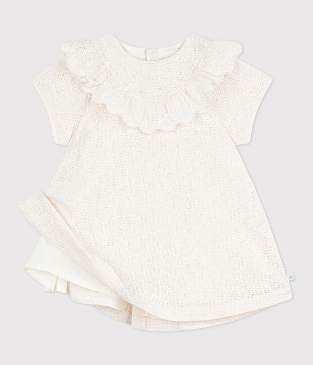 Vestido de manga corta con bordado ingl&eacute;s y estampado de corazones para beb&eacute; blanco