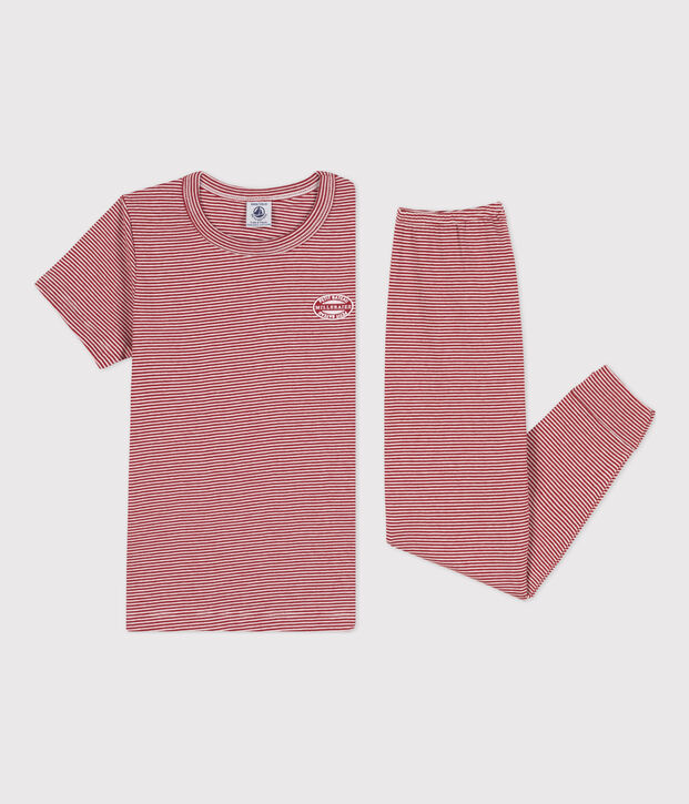 Pijama de algod&oacute;n milrayas de manga corta para ni&ntilde;o/ni&ntilde;a rojo/blanco
