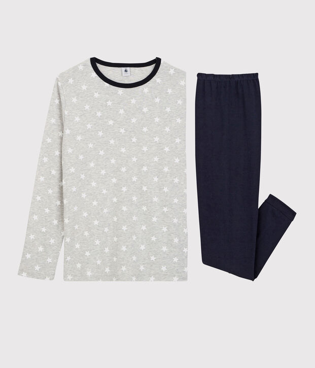 Pijama con estampado de estrellas de ni&ntilde;o de algod&oacute;n gris/blanco