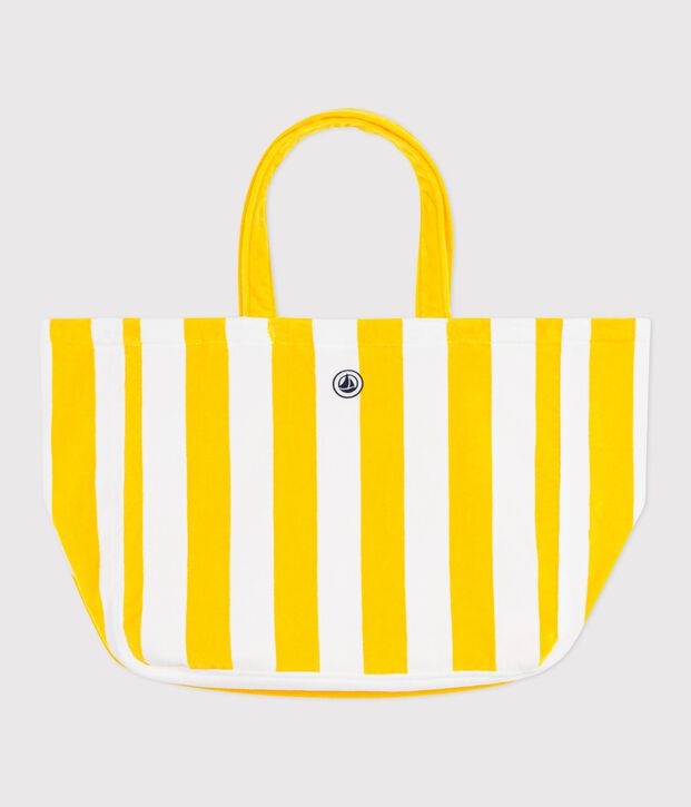 Bolso de playa de rizo de algod&oacute;n a rayas para mujer amarillo/blanco