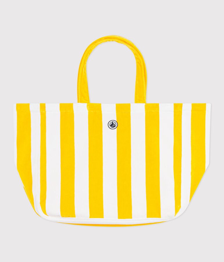 Bolso de playa de rizo de algod&oacute;n a rayas para mujer amarillo/blanco
