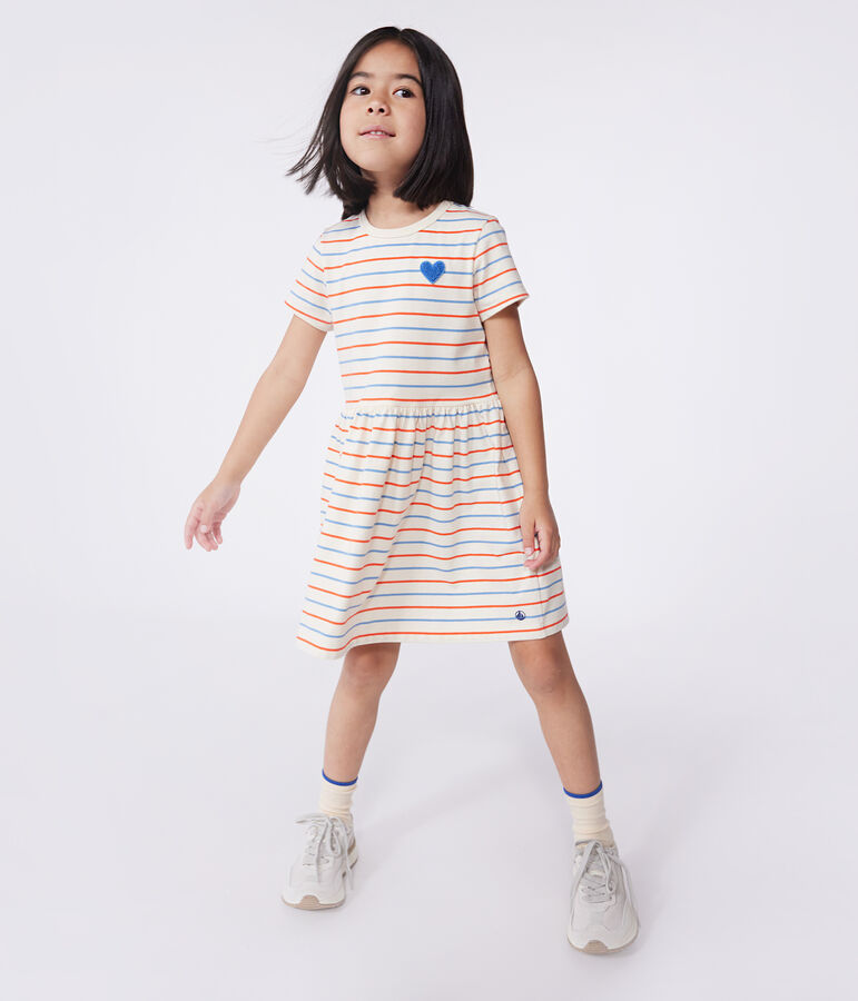 Vestido infantil de algod&oacute;n de manga corta con rayas y coraz&oacute;n blanco AVALANCHE/ MULTICO
