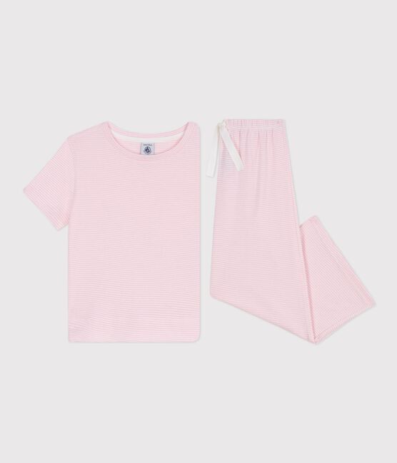 Pijama infantil de manga corta y pernera ancha de algodón a rayas rosa MARQUISE/ MARSHMALLOW