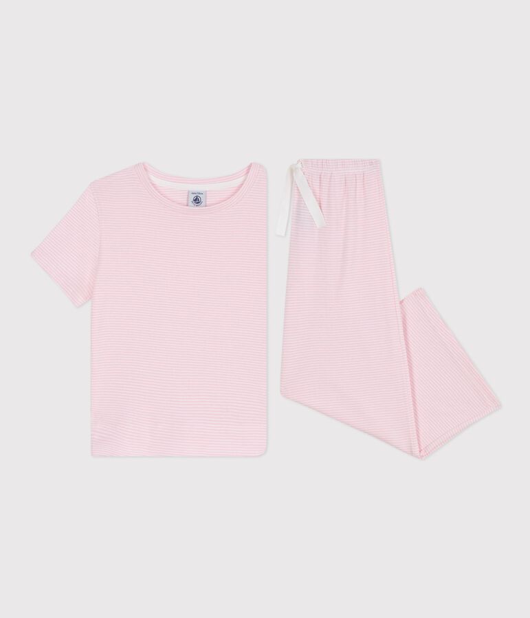 Pijama infantil de manga corta y pernera ancha de algod&oacute;n a rayas rosa/blanco