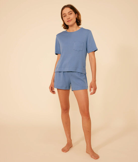 Pijama con pantalón corto y camiseta lisa de algodón calado para mujer azul BEACH