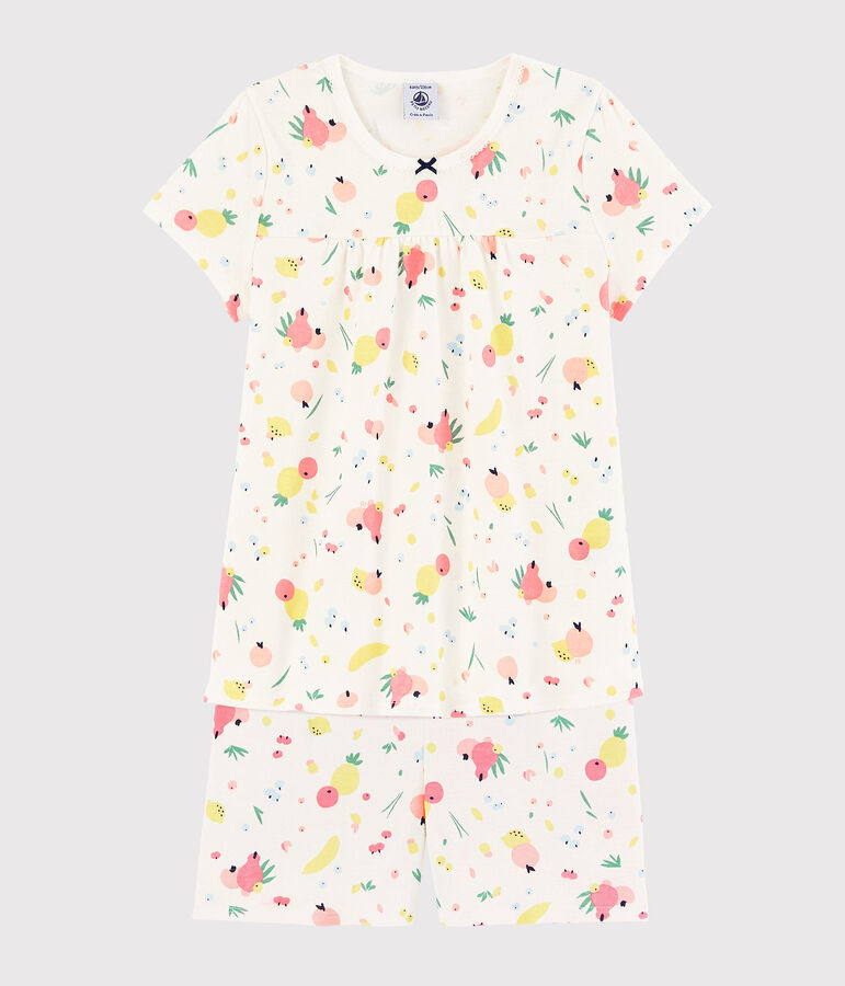 Pijama corto con estampado de frutas de verano de ni&ntilde;a de algod&oacute;n ecol&oacute;gico blanco/multicolor