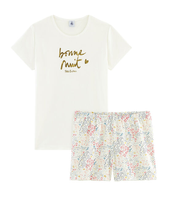 Pijama corto de punto para chica blanco MARSHMALLOW/blanco MULTICO