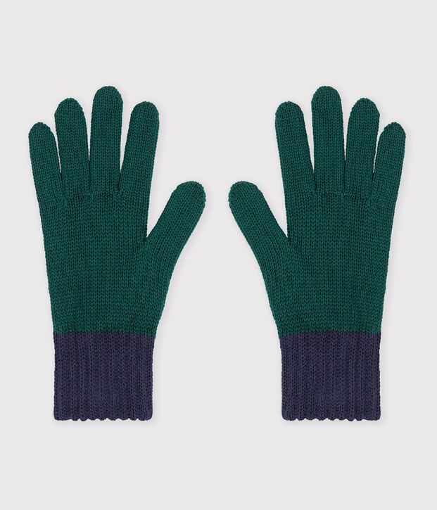 Guantes infantiles de punto tricotado bicolor con forro polar verde/azul