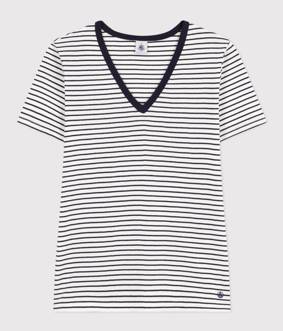 Camiseta La Icónica de algodón a rayas con cuello de pico para mujer blanco MARSHMALLOW/azul SMOKING