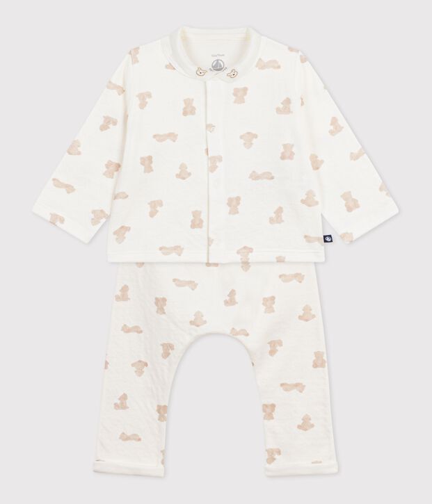 Conjunto largo de 3 piezas de algod&oacute;n con estampado de ositos para beb&eacute; blanco/BRUN
