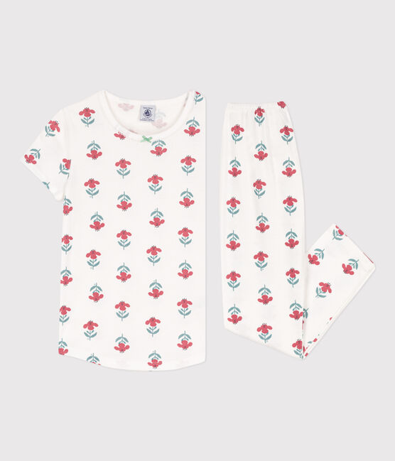 Pijama de manga corta de algodón con flores para niña blanco MARSHMALLOW/blanco MULTICO