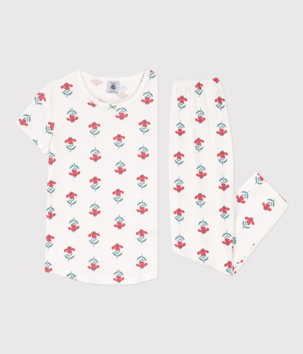 Pijama de manga corta de algod&oacute;n con flores para ni&ntilde;a blanco/multicolor