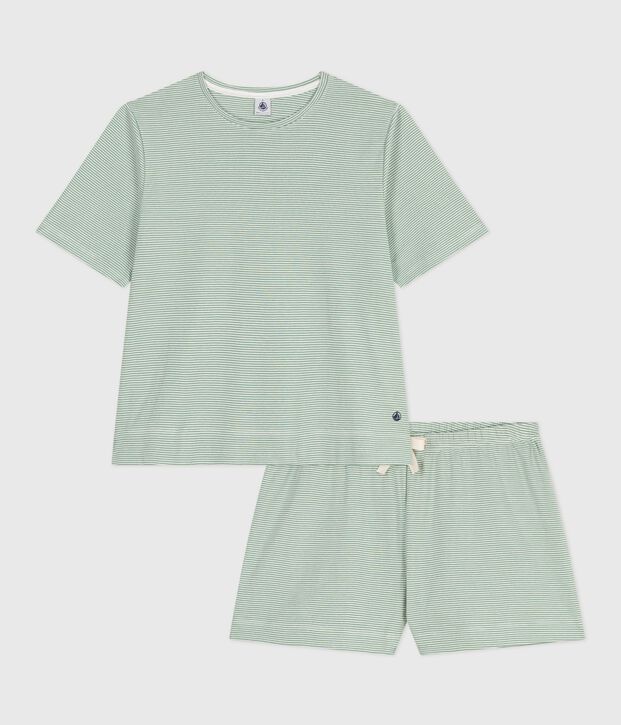 Pijama corto de algod&oacute;n a rayas para mujer verde/blanco