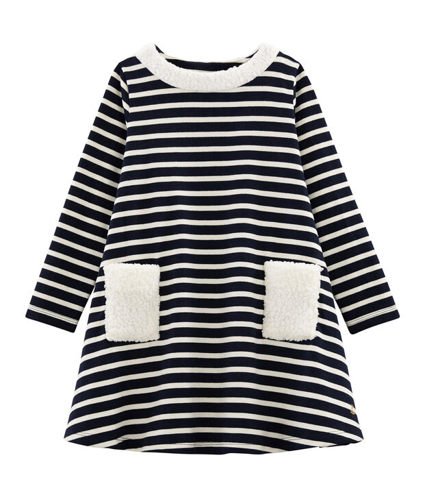 Vestido de manga larga para ni&ntilde;a azul/blanco