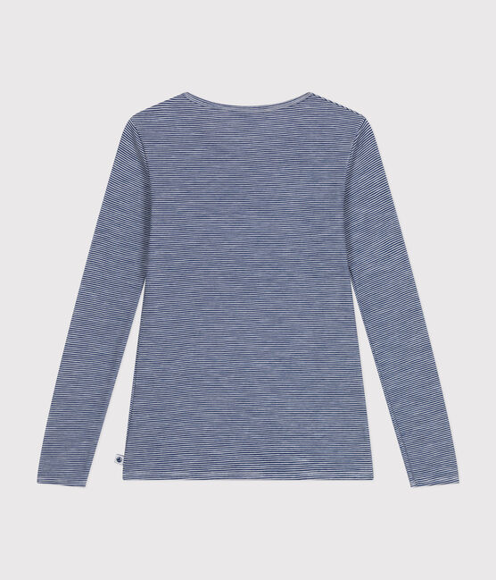 Camiseta de manga larga de lana y algodón a rayas para mujer azul MEDIEVAL/blanco MARSHMALLOW