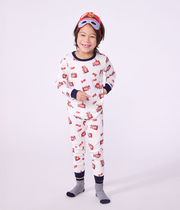 Pijama tipo disfraz infantil de algod&oacute;n de bombero blanco/multicolor