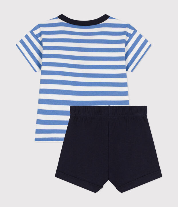 Conjunto de camiseta y pantal&oacute;n corto de punto para beb&eacute; azul/blanco