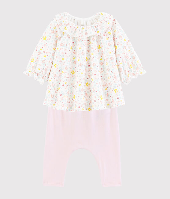 Vestido y leggings de flores en algodón biológico para bebé blanco MARSHMALLOW/blanco MULTICO