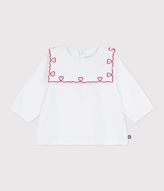 Blusa de popelina de algodón de manga larga con bordado de corazones para bebé blanco ECUME