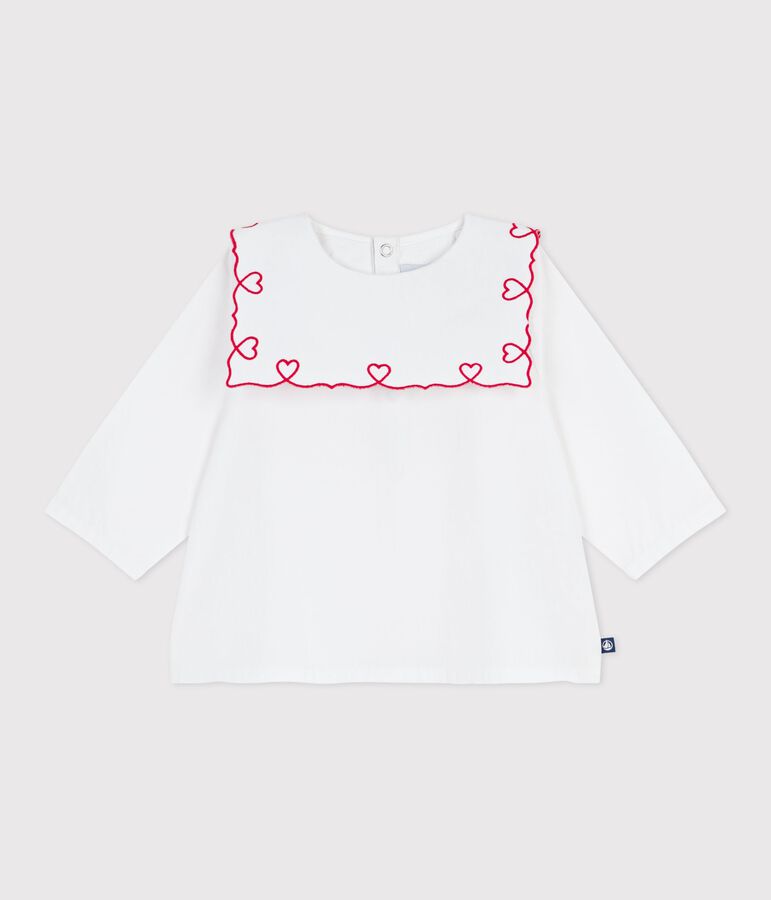 Blusa de popelina de algod&oacute;n de manga larga con bordado de corazones para beb&eacute; blanco