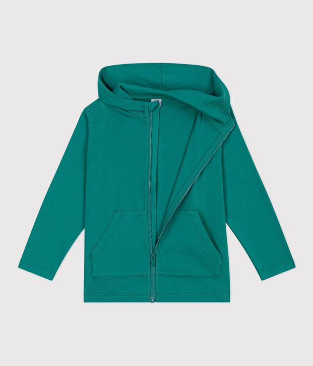 Sudadera infantil de algod&oacute;n con capucha y cremallera verde