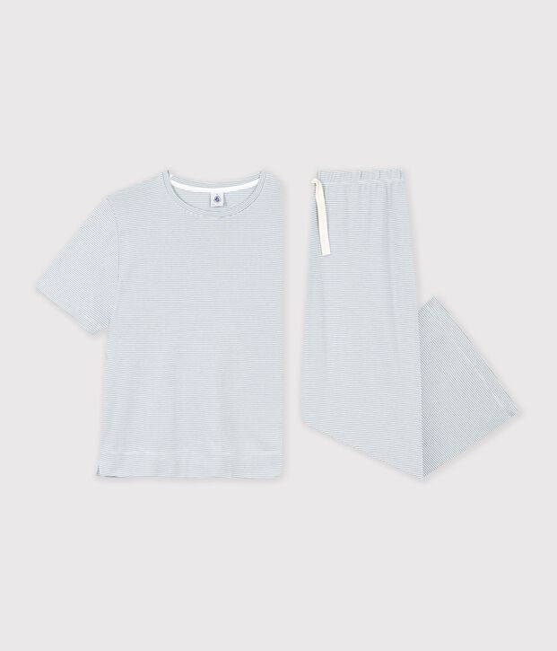 Pijama de algod&oacute;n a rayas de pernera ancha para mujer gris/blanco