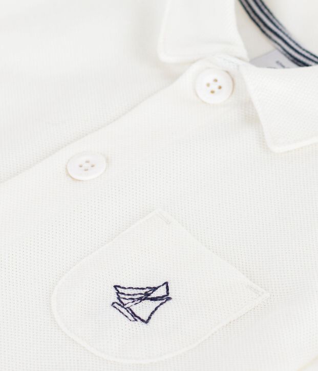 Pelele corto de algod&oacute;n liso con cuello de polo para beb&eacute; blanco
