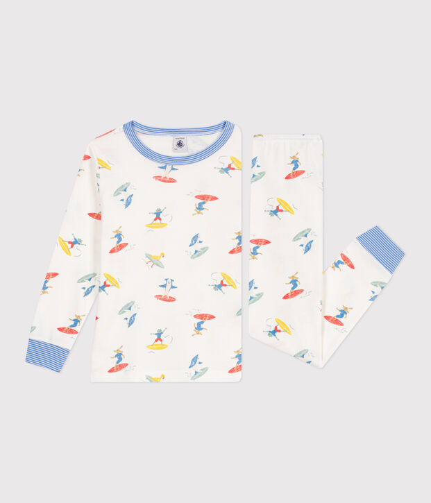 Pijama infantil de manga larga de algod&oacute;n con estampado de surfistas blanco/multicolor