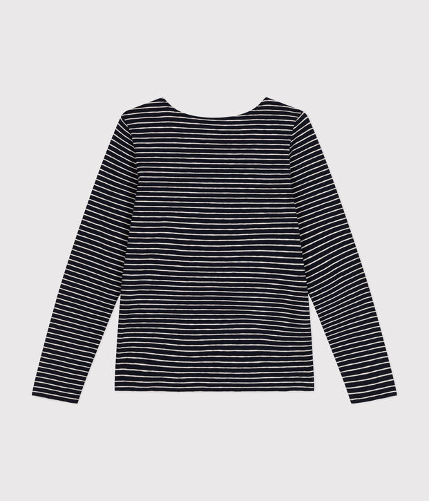 Camiseta Recta de manga larga de punto flameado con cuello de bailarina para mujer azul/beige
