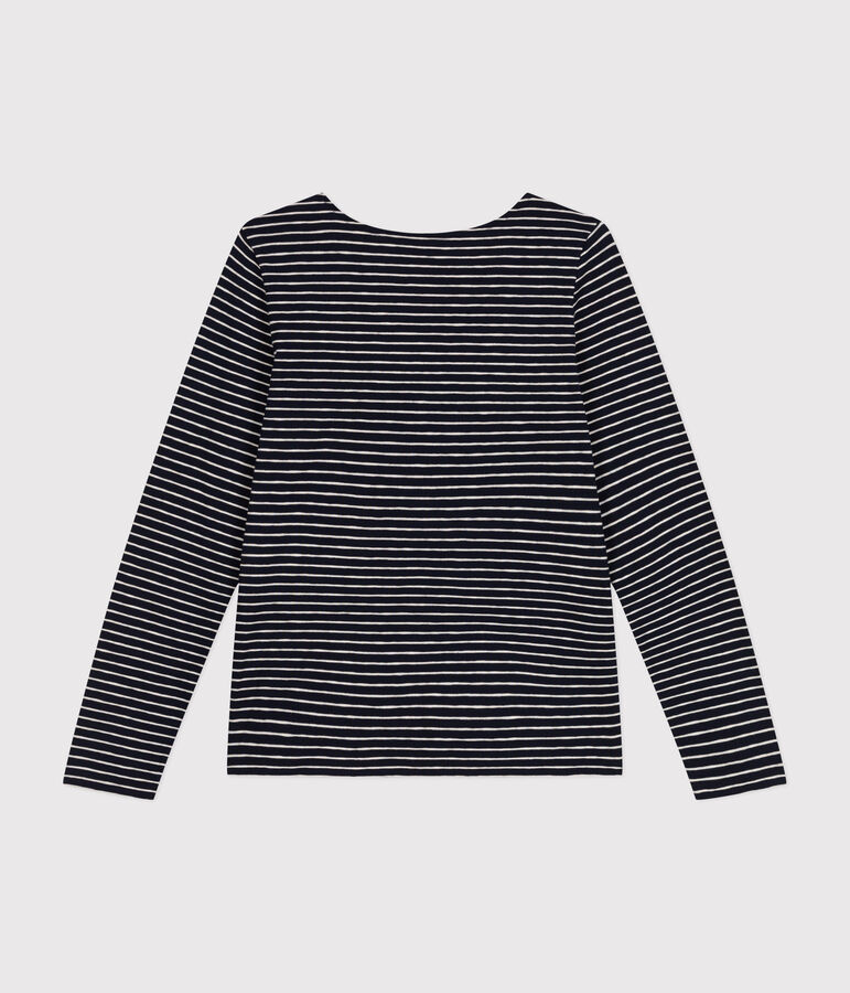 Camiseta Recta de manga larga de punto flameado con cuello de bailarina para mujer azul/beige