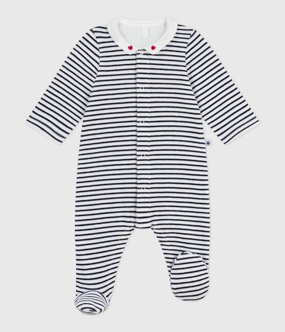 Pijama de terciopelo con cuello estampado para bebé blanco MARSHMALLOW/azul SMOKING