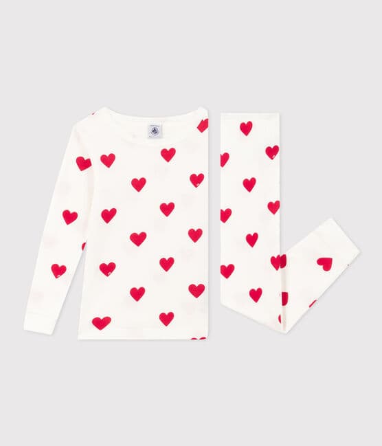 Pijama de algodón ajustado con corazones para niña blanco MARSHMALLOW/rojo TERKUIT