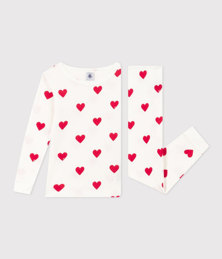 Pijama de algod&oacute;n ajustado con corazones para ni&ntilde;a blanco/rojo