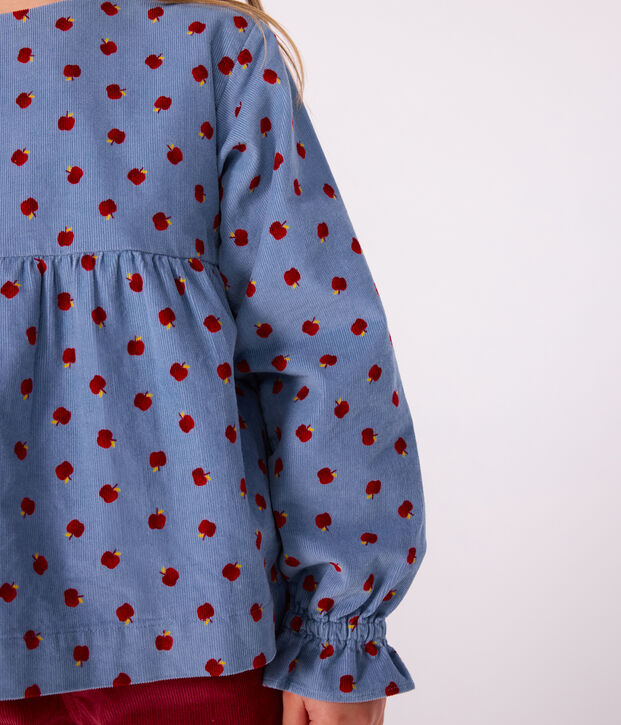 Blusa infantil estampada de pana de manga larga azul/multicolor
