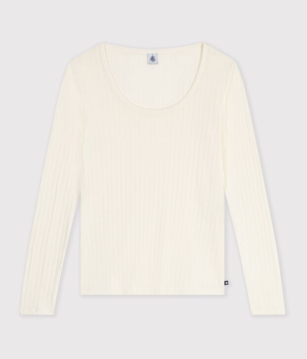 Camiseta lisa de lana y algod&oacute;n con cuello bailarina para mujer MILK