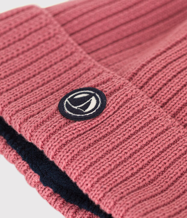 Gorro infantil de punto tricotado con forro polar rosa