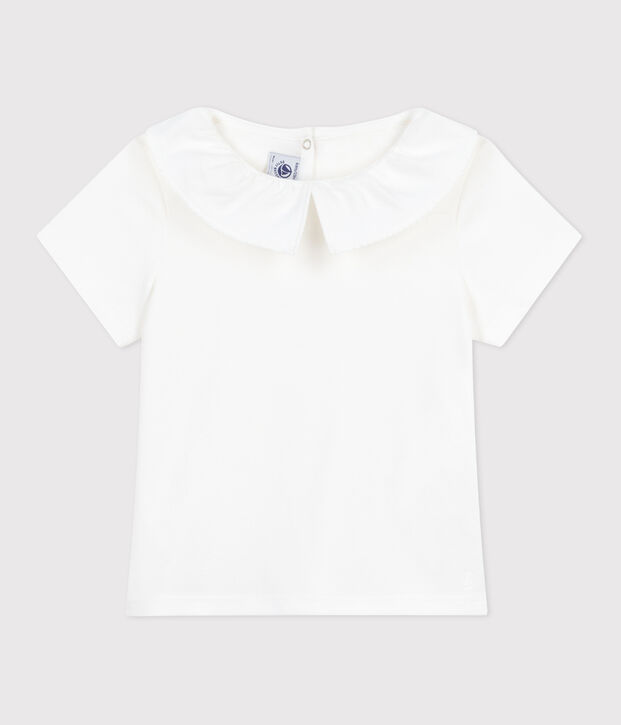 Camiseta infantil lisa de manga corta de algod&oacute;n con cuello blanco