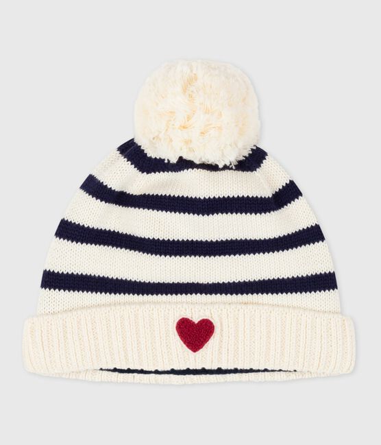 Gorro de punto tricotado a rayas con forro polar para bebé azul MARSHMALLOW/ SOIR