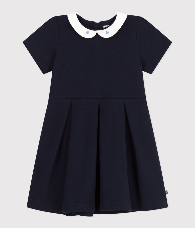 Vestido infantil liso de algod&oacute;n de manga corta azul