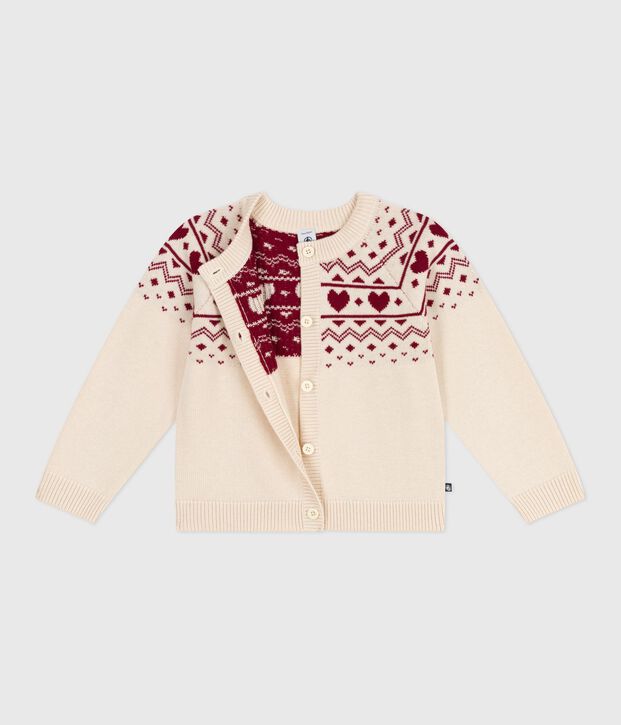 C&aacute;rdigan infantil de lana y algod&oacute;n con estampado jacquard crudo/rojo
