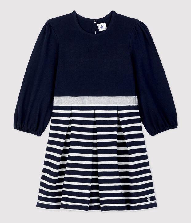 Vestido de manga larga de algod&oacute;n de ni&ntilde;a azul/MARSHMALLOW ARGENT BRILLANT