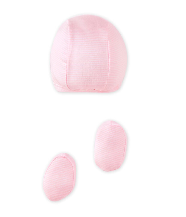 Conjunto de capota y zapatitos beb&eacute; ni&ntilde;a rosa/blanco