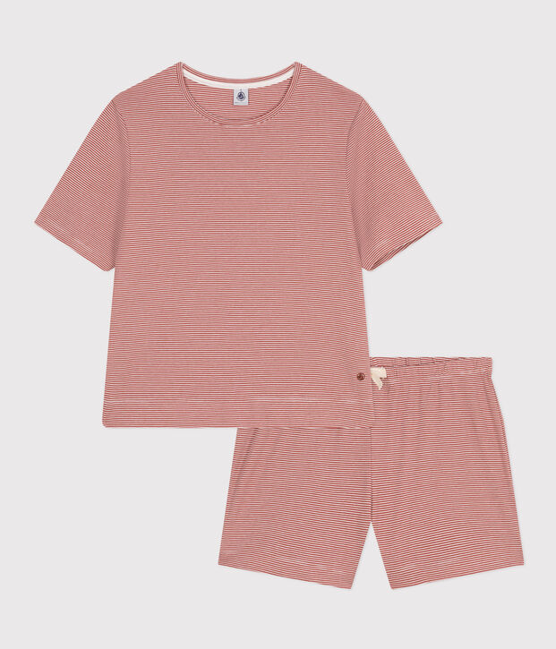 Pijama con pantal&oacute;n corto y camiseta de algod&oacute;n a rayas para mujer marron/blanco
