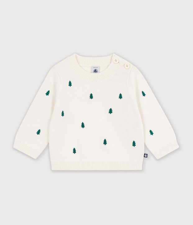 Jersey de lana y algod&oacute;n con abetos bordados para beb&eacute; crudo/verde