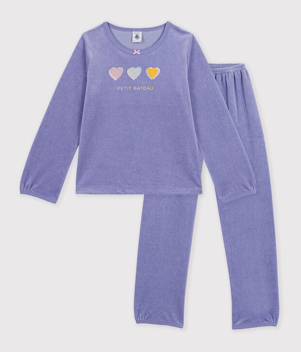 Pijama infantil de terciopelo con estampado de corazones violeta