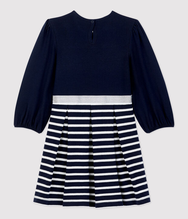 Vestido de manga larga de algod&oacute;n de ni&ntilde;a azul/MARSHMALLOW ARGENT BRILLANT