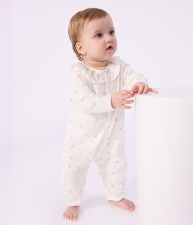 Pijama sin pies de algod&oacute;n calado con cuello estampado de flores para beb&eacute;