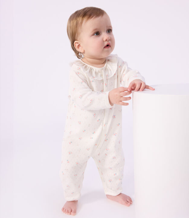 Pijama sin pies de algod&oacute;n calado con cuello estampado de flores para beb&eacute; blanco/multicolor